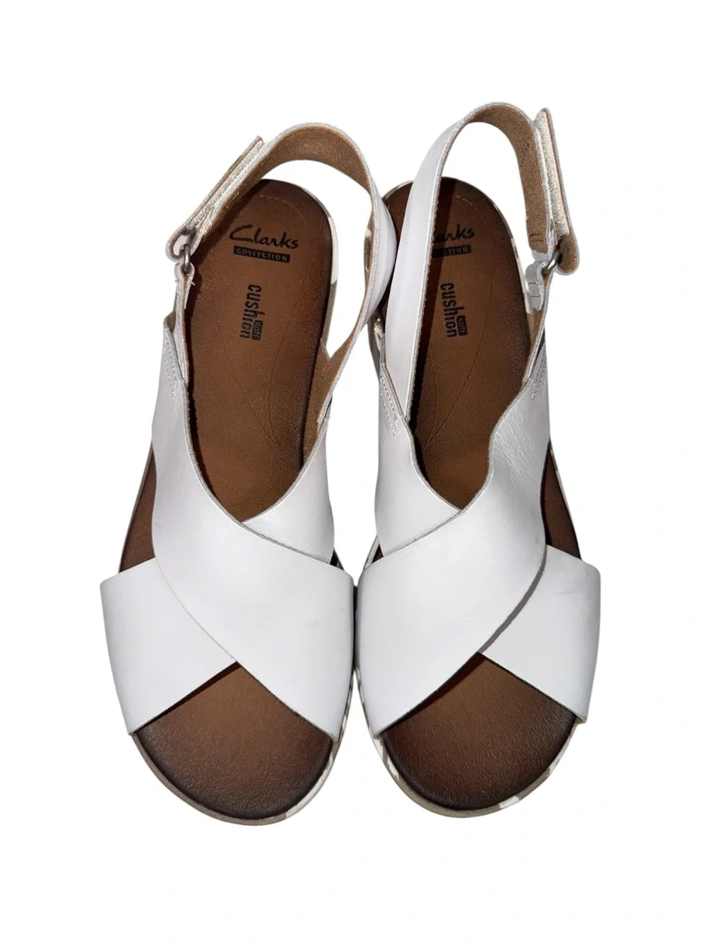 Clarks White Leather Crisscross Wedge Sandals